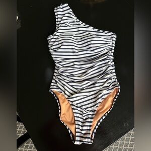 J.Crew Navy and white striped one shoulder swimsuit.  Size 2